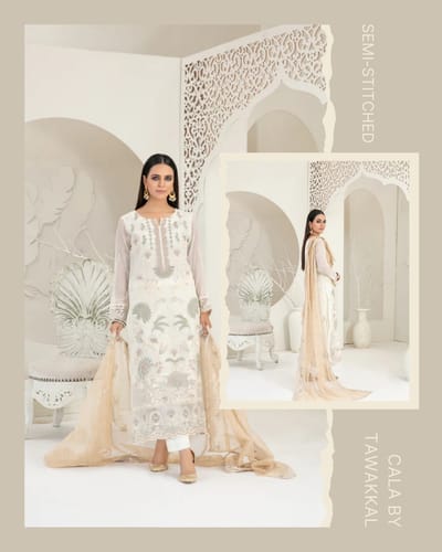 Cala Embroidered Chiffon By Tawakkal | Semi-stitched | White - Image 1