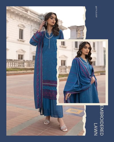 3 Piece Unstitched Embroidered Lawn | Lakhany-Blue - Image 1