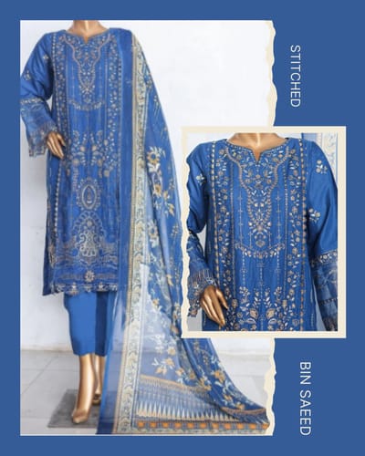 3 pc Bin Saeed Ready Made Heavy Embroidered Cotton Dress | Blue - Image 1