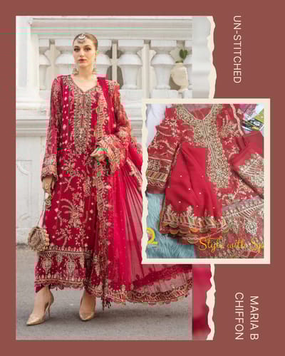 4 pc Maria B Chiffon Pakistani Suit Un-stitched | Red Full body Embrodery - Image 1