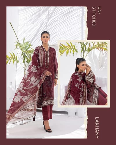 3 Piece Unstitched Komal Prints With Printed Chiffon Dupatta | Lakhany Maroon - Image 1