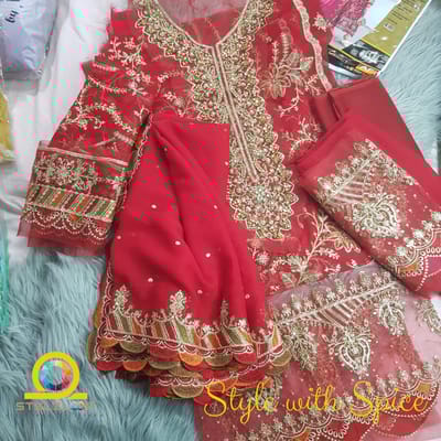 4 pc Maria B Chiffon Pakistani Suit Un-stitched | Red Full body Embrodery - Image 4