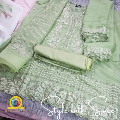 Cala Embroidered Chiffon By Tawakkal Semi-stitched- Green - Image 3