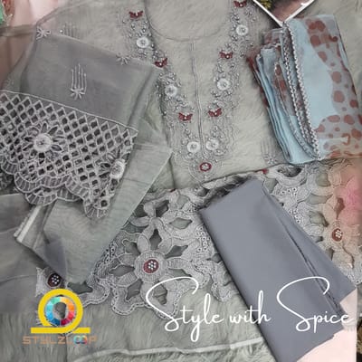 Azure Gray Organza Dress Party Wear Collection 3pc Unstitched - Image 4