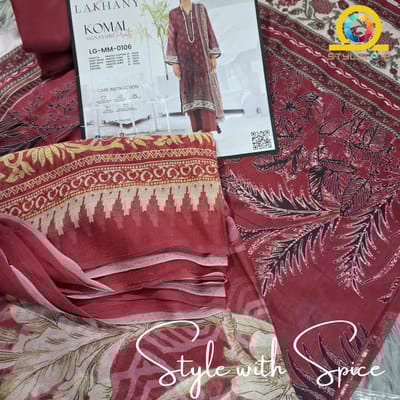 3 Piece Unstitched Komal Prints With Printed Chiffon Dupatta | Lakhany Maroon - Image 4
