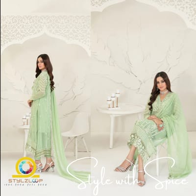 Cala Embroidered Chiffon By Tawakkal Semi-stitched- Green - Image 4