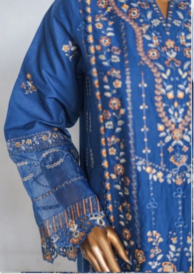 3 pc Bin Saeed Ready Made Heavy Embroidered Cotton Dress | Blue - Image 3