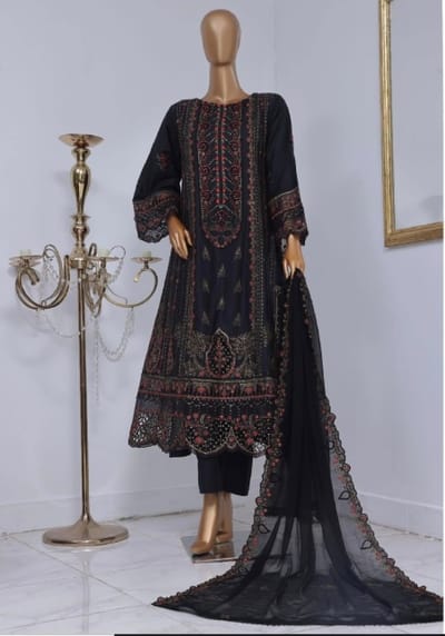 3 Piece Stitched Luxury Self Embroidered Frock Elegant Lawn Collection | Bin Saeed-Black Frock (Imported from Pakistan) - Image 1