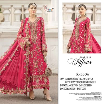 4 pc Maria B Chiffon Pakistani Suit Un-stitched | Red Full body Embrodery - Image 5