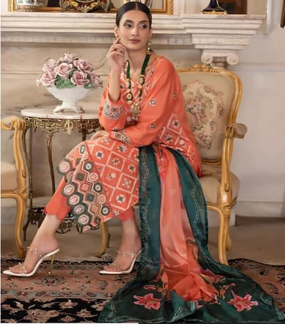 3 Piece BAHAR Stitched Elegant Lawn Collection | Regalia- ORANGE (Imported from Pakistan) - Image 1
