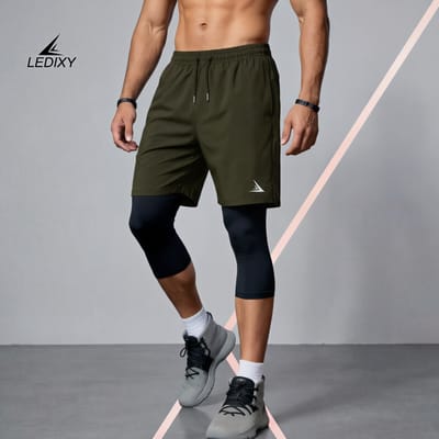 2in1 3/4 Compression Leggings + Shorts Dark Olive