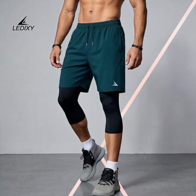 2in1 3/4 Compression Leggings + Shorts Dark Blue