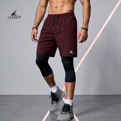 2in1 3/4 Compression Leggings + Shorts Dark Maroon