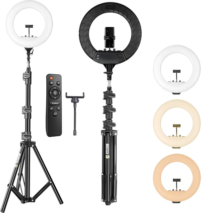 DIGITEK (DRL 18RT C9) LED Ring Light with Remote Control & 250cm Stand - Smartphone Grip - AC Powered, USB Support - Adjustable Lighting Intensity - Photo, Video Shoots, Makeup, & Vlogging