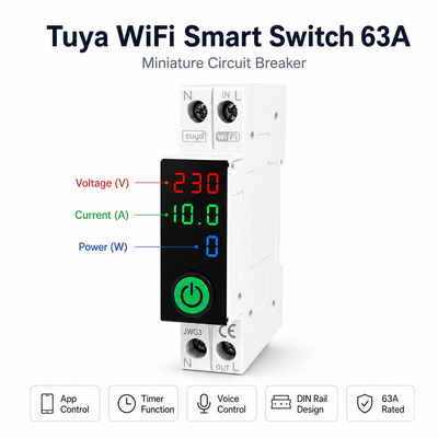 Tuya WiFi Smart Switch 63A with Display | Smart Life App Control Miniature Circuit Breaker | Timer Voice Control | DIN Rail Smart MCB