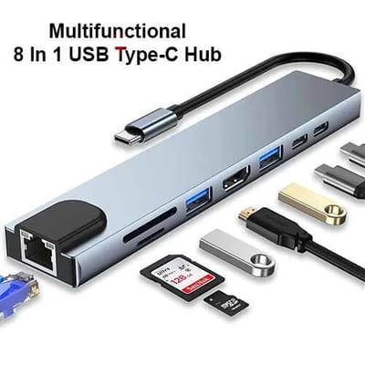 8-in-1 Type-C USB Hub Dock Bangladesh – High-Speed Dual Head Adapter for Laptop & PC with Network Card