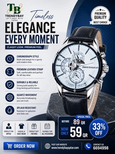 Elegant Chronograph Style Black Leather Watch