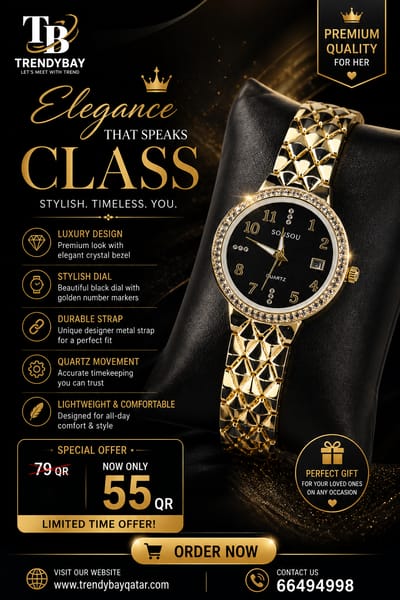 Stylish Ladies Black & Gold Watch – Premium Elegant Design