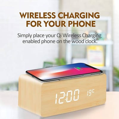Smart Wooden LED Alarm Clock with Wireless Charging