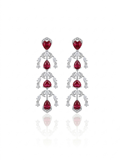 Glamorous Ruby Red Crystal Chandelier Dangle Earrings - Vintage Style Silver Plated Statement Drop Earrings.
