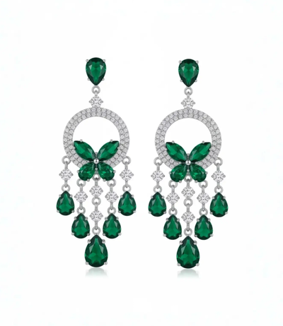 Elegant Emerald Green Crystal Butterfly Chandelier Earrings - Silver Plated Statement Drop Earrings for Women.
