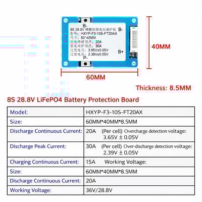 8S 24V LiFePO4 BMS 20A Battery Protection Board HXYP-F3-10S-FT20AX