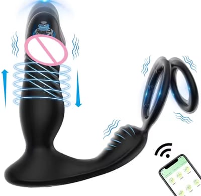 Thrusting Anal Vibrator App Control Prostate Massager with 2 Cock Ring Anal Plug 10 Modes Dildo Butt Plug Adult Sex Toys for Men