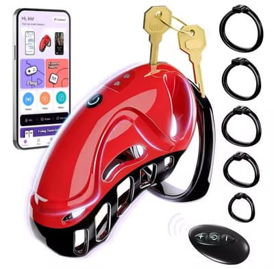 New Vibrating Chastity Cage with Five Sized Rings Male Penis CB Lock Sissy Abstinence Restraint Cock Cage Adult Sex Toys for Men