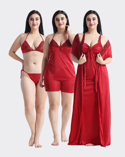 ৬-পিস নাইট ওয়্যার সেট (মেরুন) - Image 1