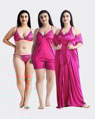 ৬-পিস নাইট ওয়্যার সেট (গাড় গোলাপী) - Image 1