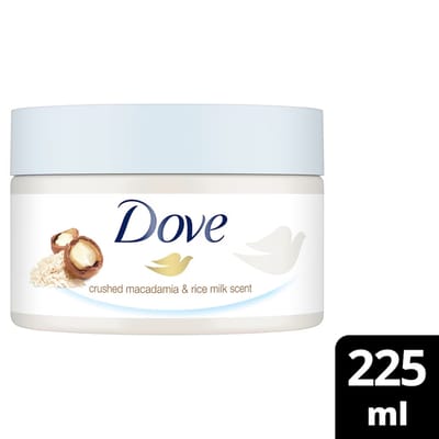 Dove – Exfoliating Body Scrub Macadamia & Rice Milk – 225ml - Image 1