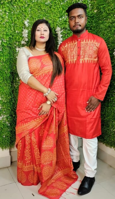 এক্সক্লুসিভ ধুপিয়ান সিল্ক শাড়ি & পাঞ্জাবি কাপল ড্রেস - Image 3