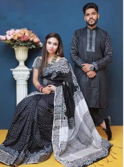 এক্সক্লুসিভ ধুপিয়ান সিল্ক শাড়ি & পাঞ্জাবি কাপল ড্রেস - Image 2