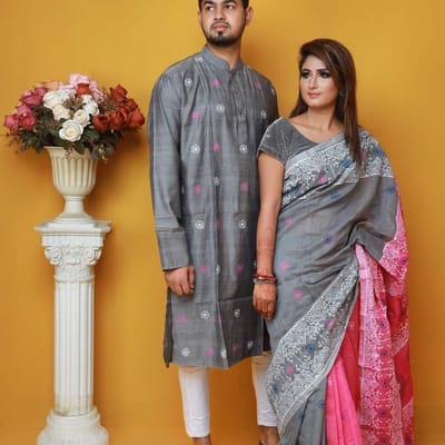 এক্সক্লুসিভ ধুপিয়ান সিল্ক শাড়ি & পাঞ্জাবি কাপল ড্রেস - Image 5