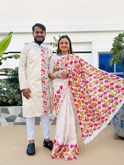 এক্সক্লুসিভ ধুপিয়ান সিল্ক শাড়ি & পাঞ্জাবি কাপল ড্রেস - Image 6