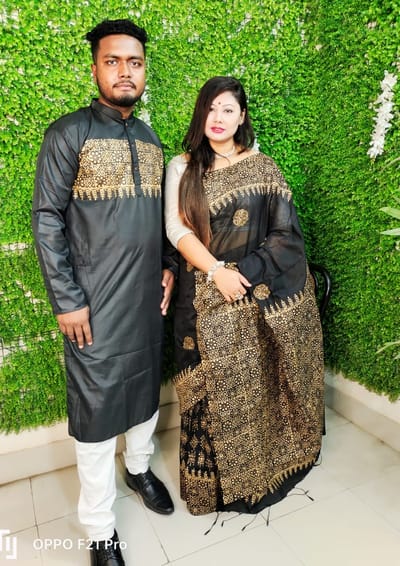 এক্সক্লুসিভ ধুপিয়ান সিল্ক শাড়ি & পাঞ্জাবি কাপল ড্রেস - Image 9