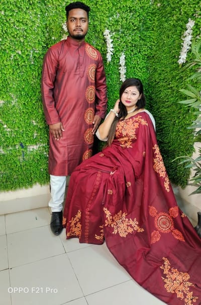 এক্সক্লুসিভ ধুপিয়ান সিল্ক শাড়ি & পাঞ্জাবি কাপল ড্রেস - Image 10