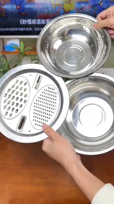Stainless Steel Drain Basket 3 in 1 Original Chinese Vegetable Cutter Cheese Grater Fruit Rice Food Washing Bowl Strainer Set Salad Bowl