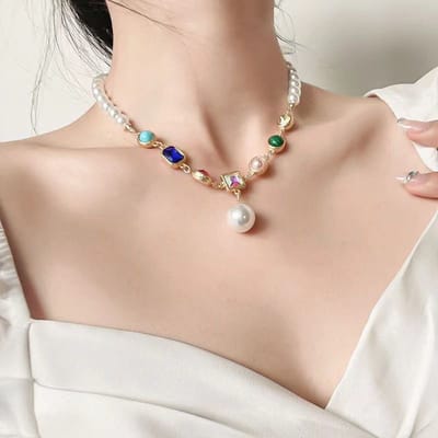 Six Real Stone One Big Pearl Necklace - Image 1