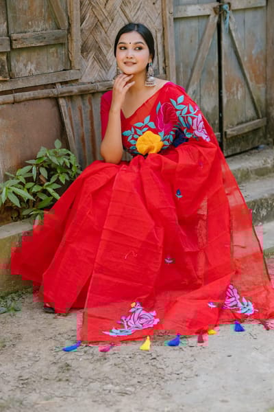 হাফসিল্ক শাড়ীতে এমব্রডাড়ী কাজ করা - Image 4