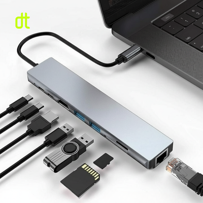 8 in 1 Type C Hub with 1x HDMI, 2x USB A, 2x USB C, RJ45 Ethernet, SD TF Card Reader for Mac Mini, Windows PC, Macbook, Laptop, Android