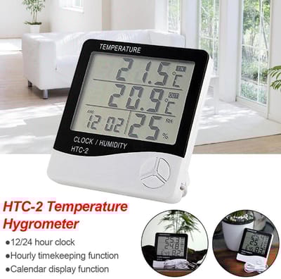 HTC2 HTC-2 Digital LCD Display With Temperature Humidity Meter Gauge Thermometer Hygrometer Temperature Sensor Indoor Outdoor 1.5M Length Cable Probe With Clock Wall Mount Meter