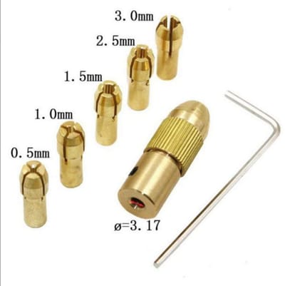 3.17mm Mini Drills Chucks Set 5 In 1 Electric Motor 3.17mm Shaft Hole Micro Clamp Socket Adapter With 1Pcs Wrench & Gold 0.5mm 1mm 1.5mm 2mm 2.5mm 3mm Drill Bit Gauge Drill Chuck DIY Drill Machine Parts