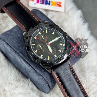 SKMEI 9347 MEN QUARTZ WATCH SIX POINTER POPULAR LEATHER STRAP WATERPROOF WATCH