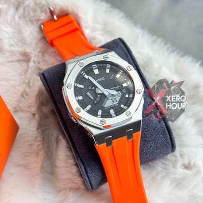 SKMEI 2243 || Dual Timer ||Silver & Orange  | SS Blody || Silicon Strap
