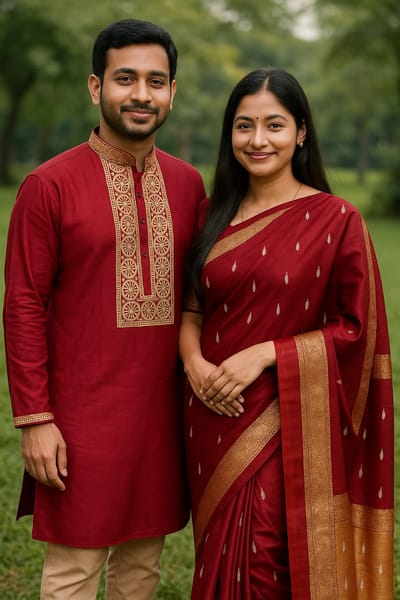 প্রিমিয়াম মাহিশা শাড়ী পাঞ্জাবি কাপল সেট - Image 1