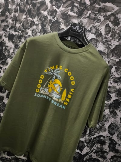 Good Times Good Vibes. premium quality drop solder t-shirt. Olive - Image 1