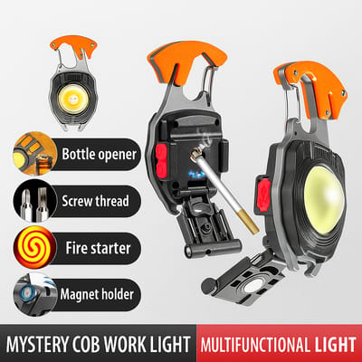 COB LED Keychain Flashlight, 800 Lumens Rechargeable Torch with 7 Modes, Built-in Lighter, Screwdriver, Whistle & Bottle Opener – Emergency Outdoor Camping Light