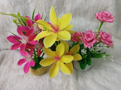 Artificial Little various Flower & Plant In Plastic Pot Combo - 2 7Inc/18Cm For Office, Home, Table Decoration - Home Decoration Item - artificial flower