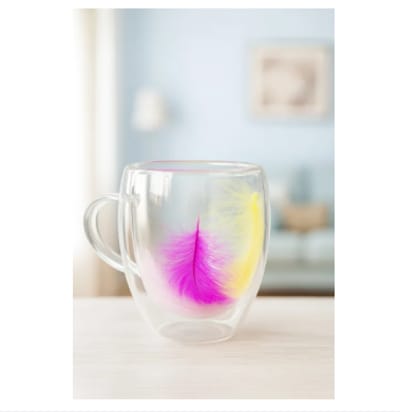 Beautiful Double Wall Glass Cup with Feather Accent – Trendy Drinkware for Office, Home, and Gift